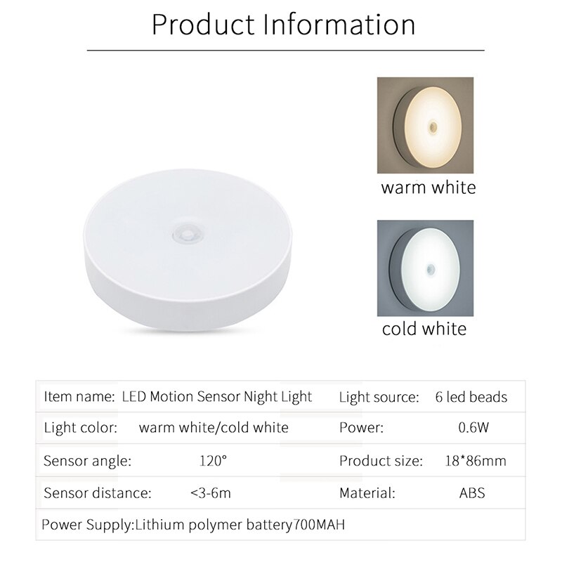 6 LEDs PIR Motion Sensor Night Light Round Auto On/Off for Bedroom Stairs Cabinet Wardrobe Wireless USB Rechargeable Wall Lamp