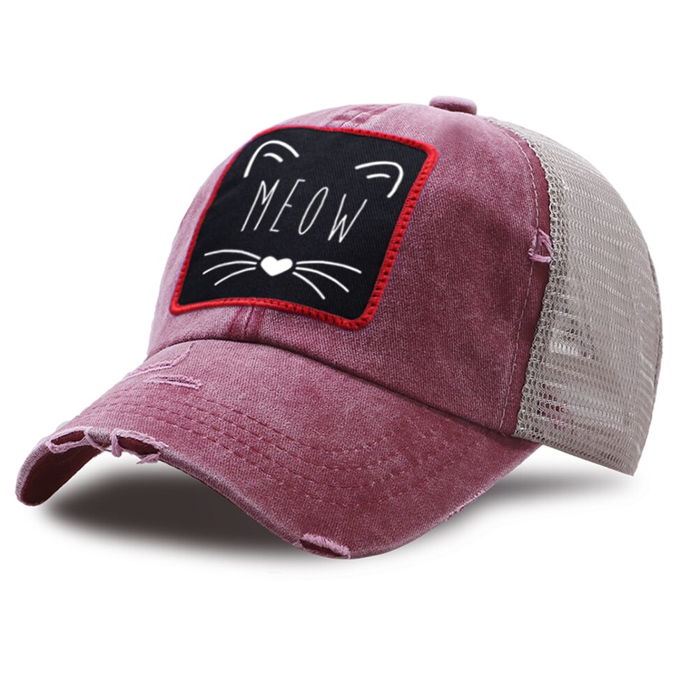 Sport sommer snapback hat justerbar udendørs mesh baseball kasketter afslappet bomuld trucker hatte kat smiley tegneserie print golf kasket: Vinrød 6