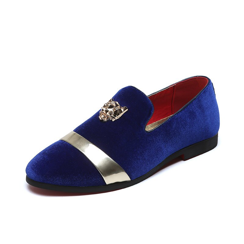 Heren casual schoenen gouden bovenkant en metalen neus instappers comfortabele herenschoenen lente herfst fluwelen schoenen voor heren: Blauw / 8.5