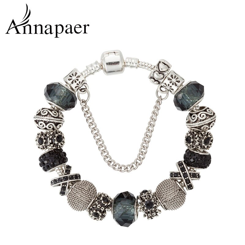 ANNAPAER Silver Color Beads of Flower Charm Bracelet & Bangles with Black Glass Beads Bracelet for Women Jewelry B17003: Black / 21cm