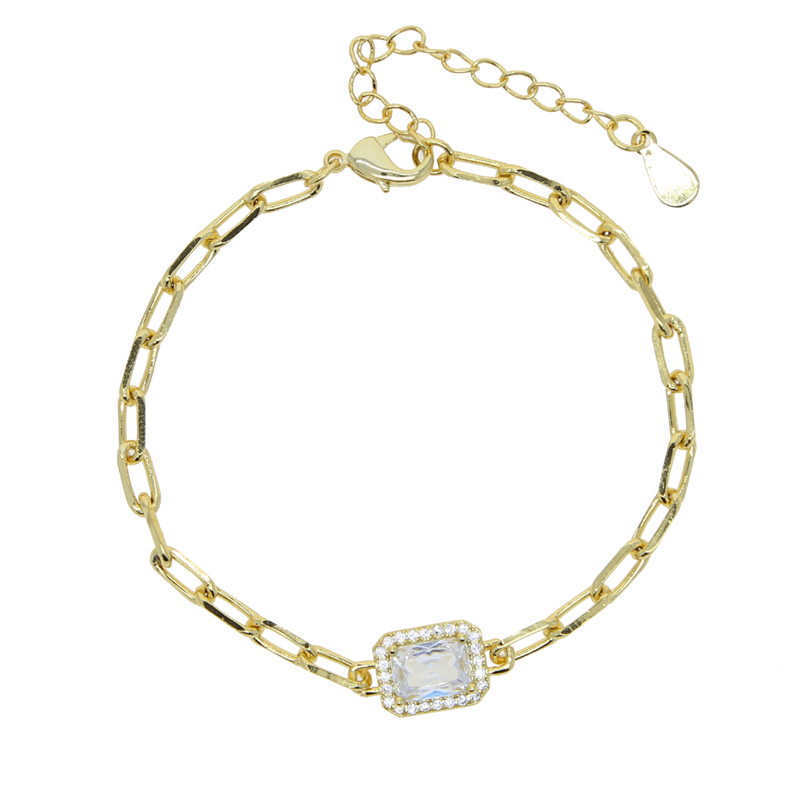 Goud Kleur Papier Clip Keten Kleurrijke Birthstone Cz Geometrische Rechthoek Charm Armband Voor Vrouwen: Bruingeel