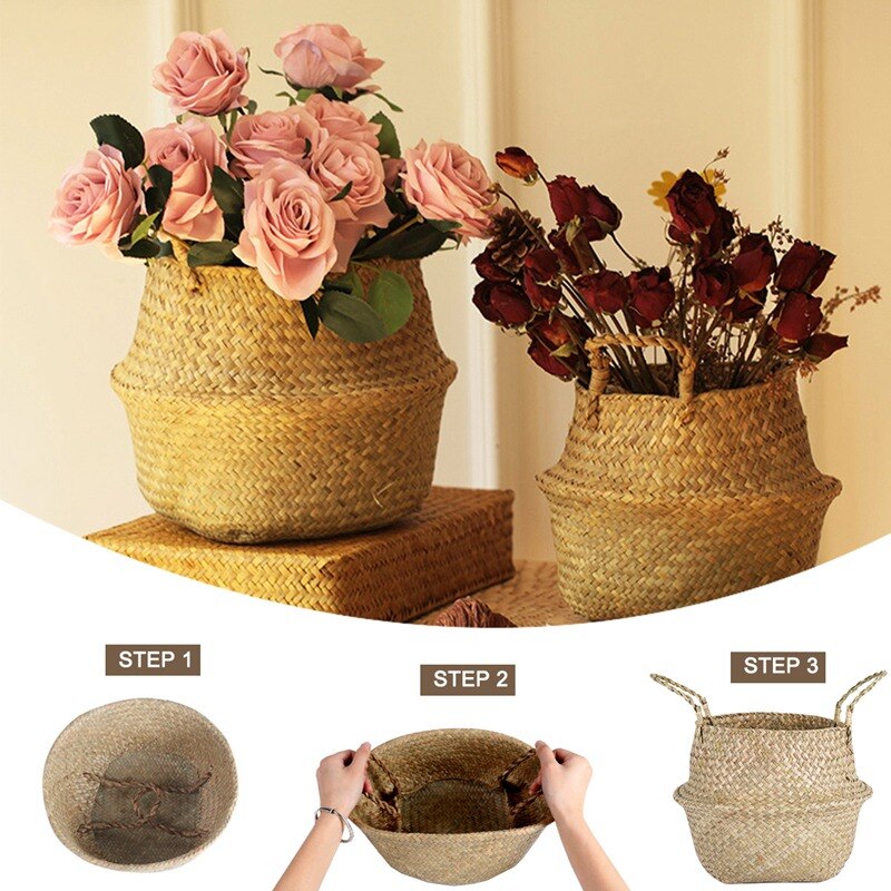 Cesta de cestería para algas marinas, maceta de flores colgante de ratán, cesto para ropa sucia, cestas plegables de almacenamiento, jardín casero decorativo