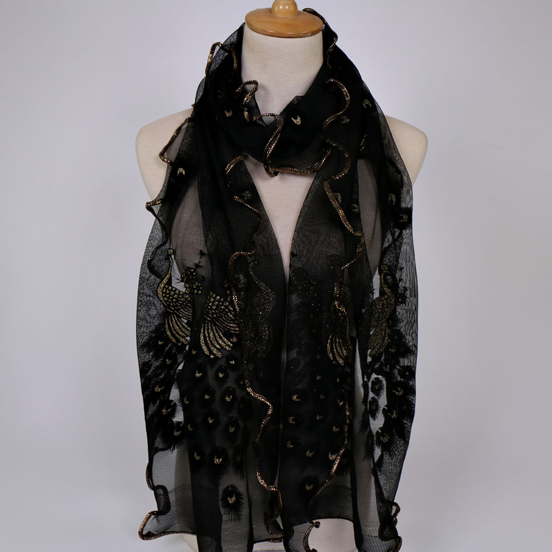 Peacock Flower Print Scarf Shawl Wrap Women Multi-Color Pashmina Scarf Soft Veil Stoles Scarves Popular Neckscarf Hijabs: green