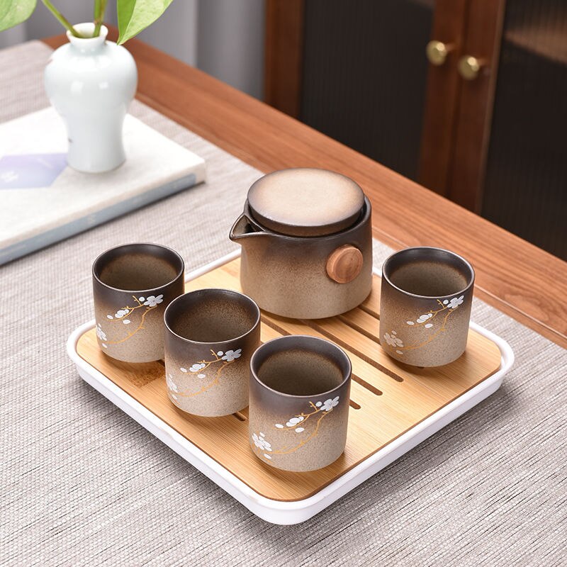 Japanese-style Cherry Blossom Kung Fu Tea Set Small Set One Pot Two Cups Four Cups Portable Travel Tea Set Tea Pot Tea Tray: 1pot 4cups 1 plate B