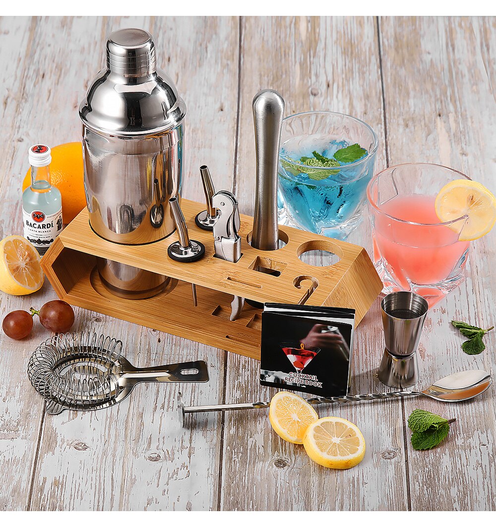 10-Piece Cocktail Shaker Bar Set Stainless Steel Bartender Kit Mixer Drink BrowserKit Bars Set Rhombus Bamboo Frame