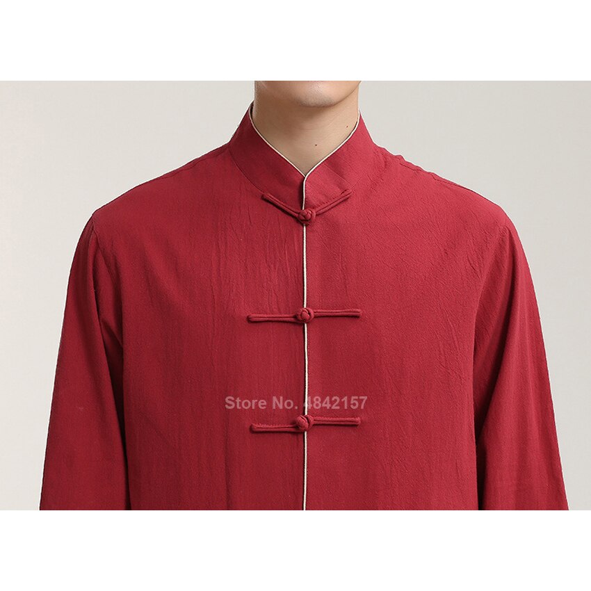 Tops Hanfu de estilo chino para hombres, traje Tang de manga larga de lino, chaqueta, uniforme de Tai Chi, ropa Wushu, camisas Vintage, cuello levantado