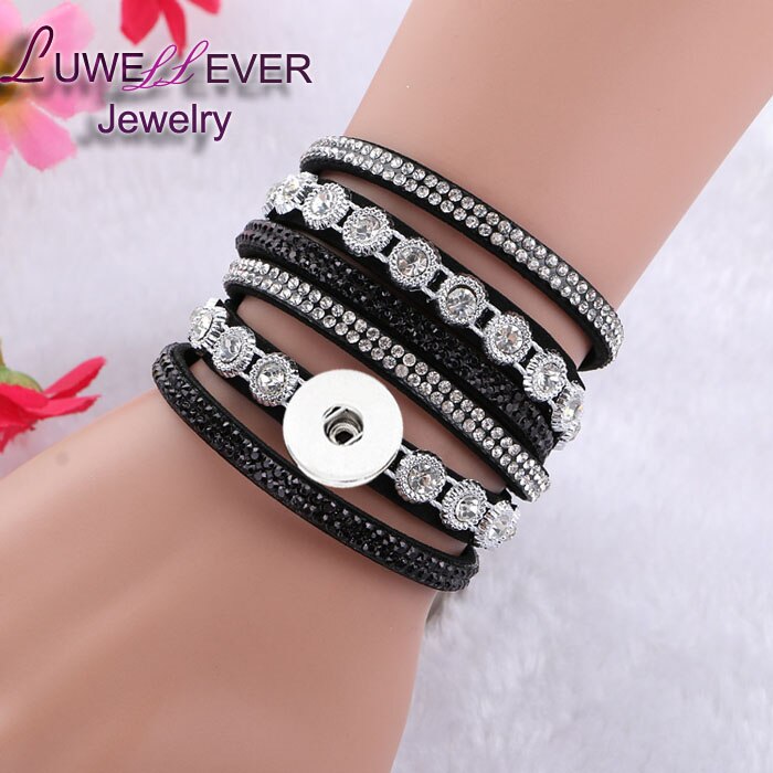 Verwisselbare Crystal 086 Steentjes Fluwelen Lederen Armband 18mm Drukknoop Sieraden Charm Bangle Voor Vrouwen 39cm: black