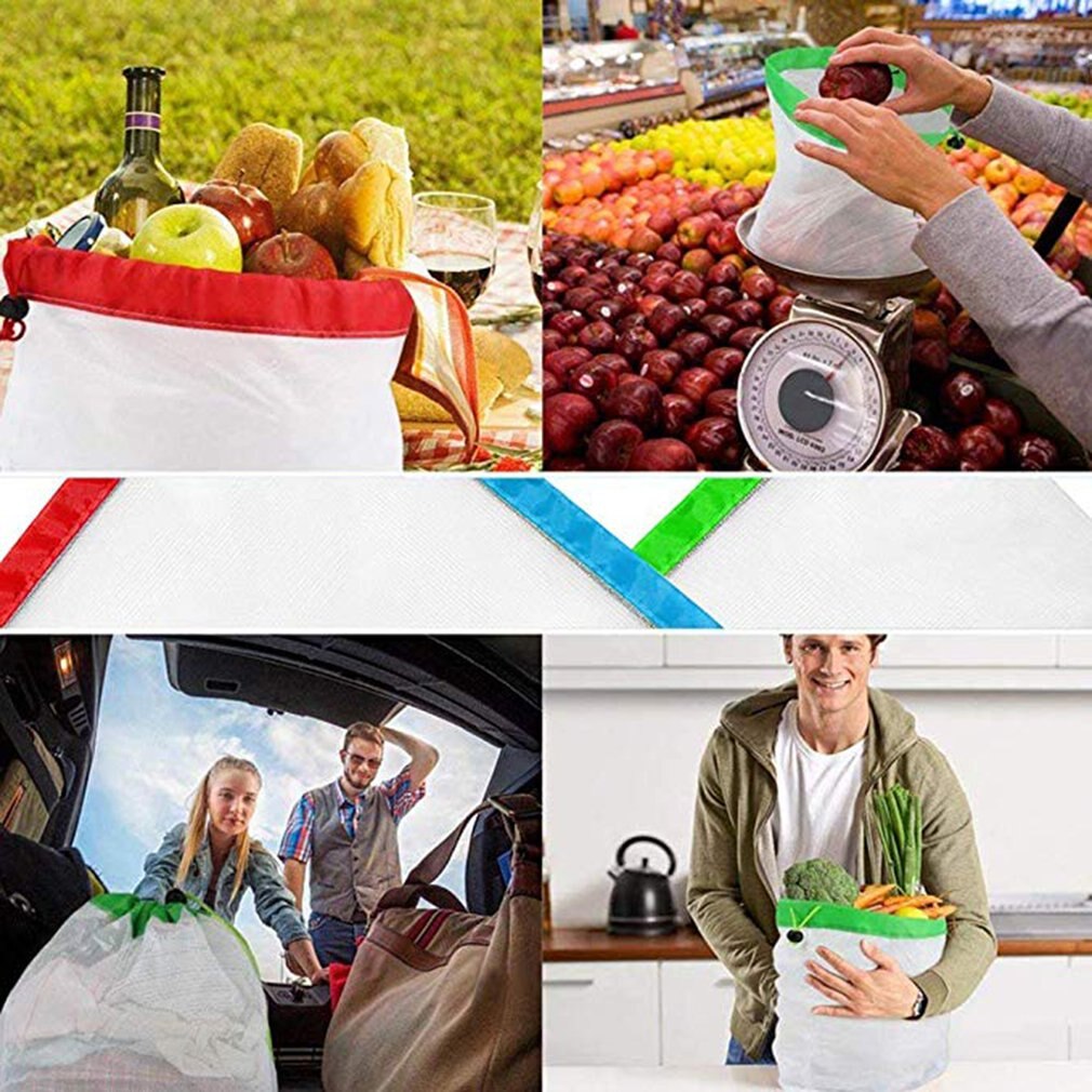 12Pcs/set Reusable Mesh Produce Bags Washable Eco Friendly Bags Fruit And Veg Bags For Grocery Shopping Storage Fruit Vegetable