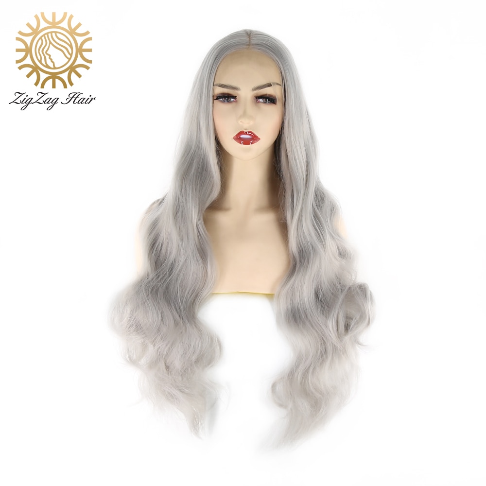 Zigzag Silver Grey Body Wave Synthetische Lace Front Pruik Voor Witte Vrouwen Lange Middelste Deel Pruik Natuurlijke Haarlijn Hittebestendige fiber