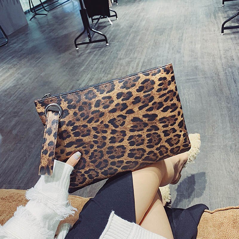Kvinder håndled håndtaske overdimensioneret pung leopard print pu læder aften taske pose bedst -wt