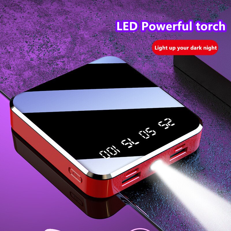 10000 mah portátil mini power bank carga rápida tela espelho display led powerbank lanterna iluminação para o telefone móvel inteligente