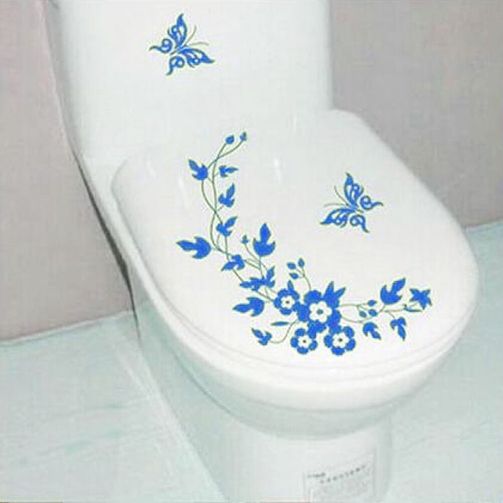 PVC amovible toilette couvercle autocollant papillon et fleur motif toilette siège couverture mur collage affiche autocollant: Bleu