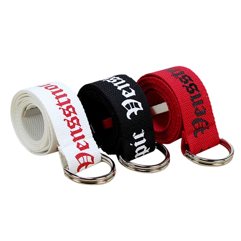 Unisex Canvas Riemen Letters Gedrukt D Ring Dubbele Gesp Punk Taille Band Vrouwen Mannen Tiener Lange Brede Riem