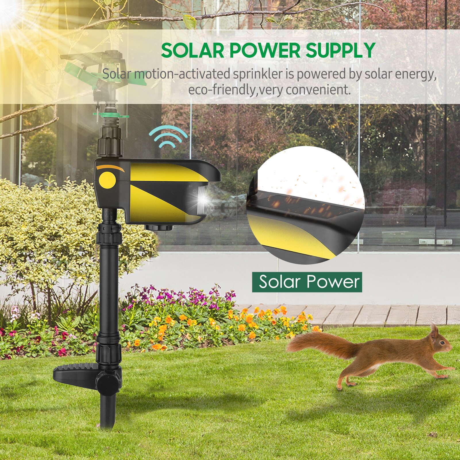 Solar Power Motion-Activated Animal Repeller Yard Enforcer Motion-Activated Sprinkler with 3 Time Modes Adjustable Spray Angle