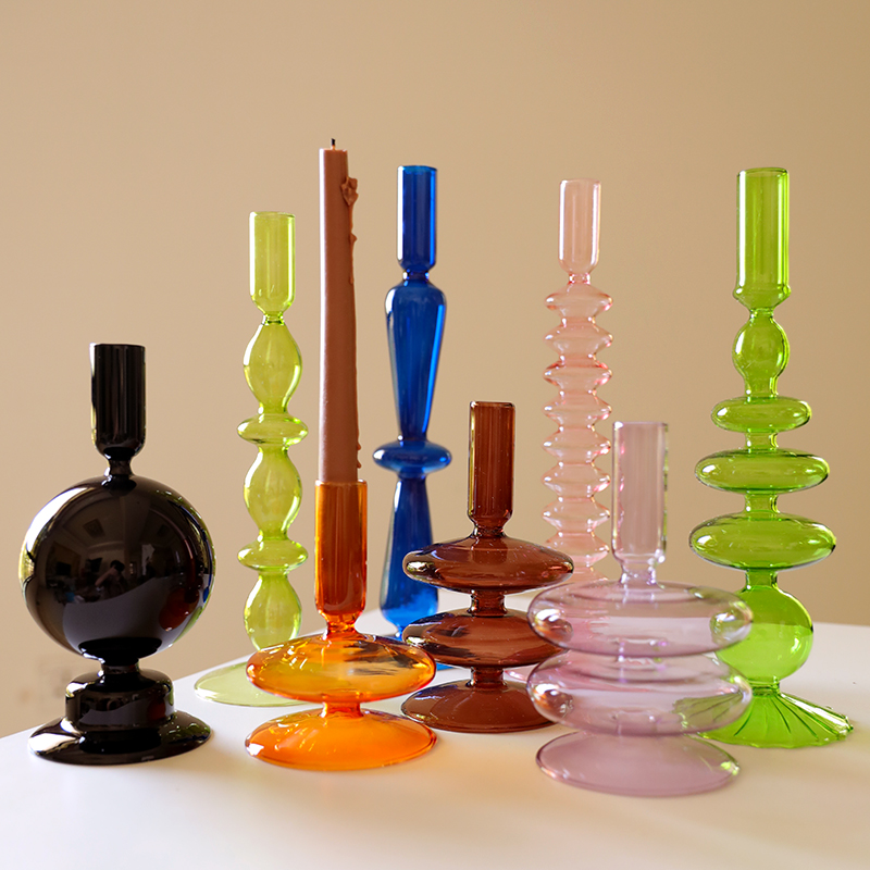 Portavelas de cristal para decoración de boda, candelabro de Color hecho a mano, florero, centro de mesa, decoración nórdica Vintage para el hogar