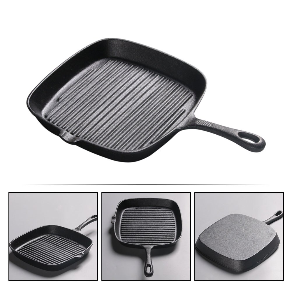 1 Pc Cast Iron Steak Frying Pan Safe Uncoated Non-stick Western Steak Pan (Black)