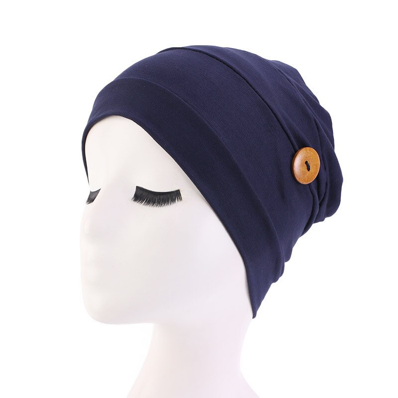 Tulband moslim effen kleur arabische wikkel tulbanden mutsen met knopen vrouwen hoofddoek binnen hijabs casual zomer: Marineblauw