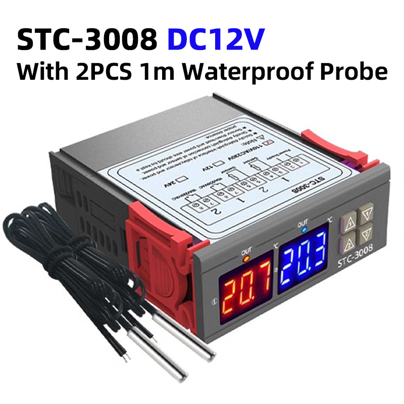 Controlador de temperatura Digital Dual STC-3008, calentador de termostato de dos salidas de relé con sonda de 12V, 24V, 220V, calor frío para refrigerador doméstico: Oro