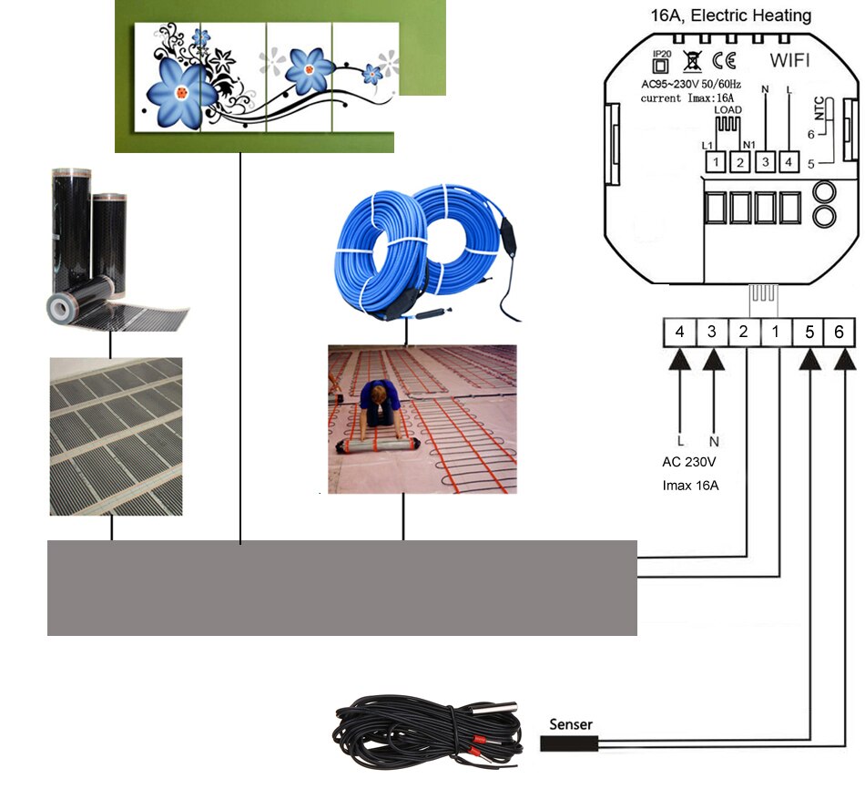 Smart stor berøringsskærm vandkøler elektrisk opvarmningsfilm temperaturregulator gaskedel wifi termostat: 16a elektrisk type