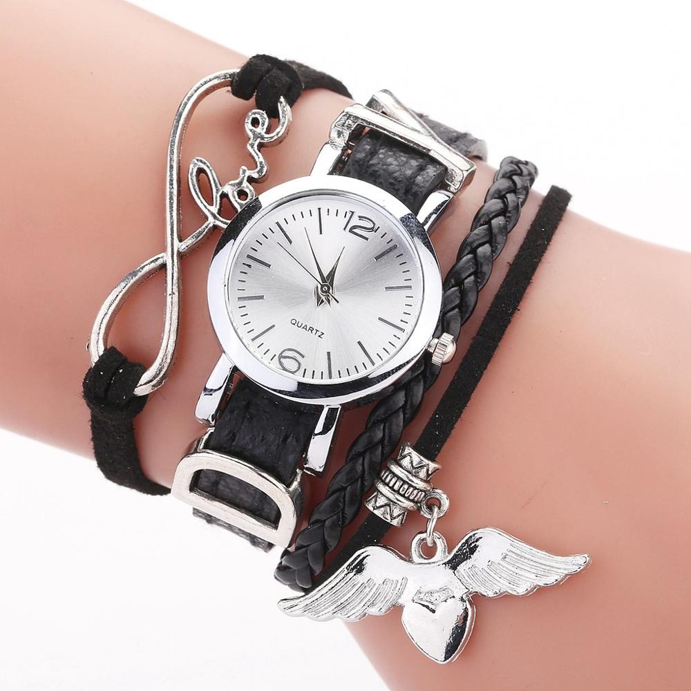 Duoya brand ure til kvinder luksus sølv hjerte vedhæng læderbælte kvarts ur damer armbåndsur armbånd zegarek damski: Sort