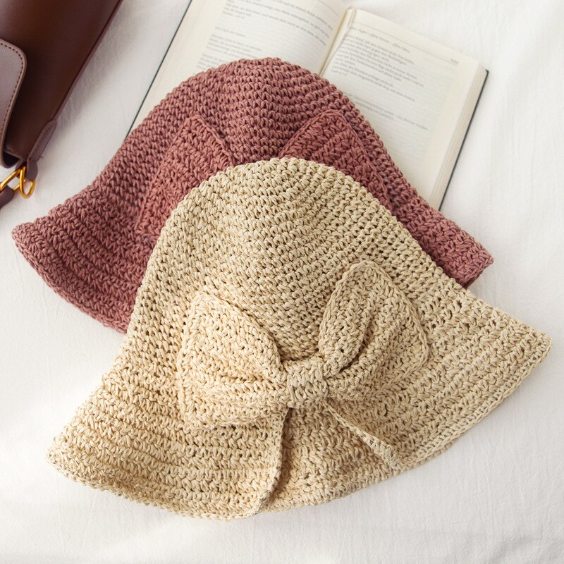 Women Lady Straw Foldable Bucket Hat Bowknot Wide Brim Cap Breathable for Outdoor Fishing Beach Sun Fisherman Hats Summer