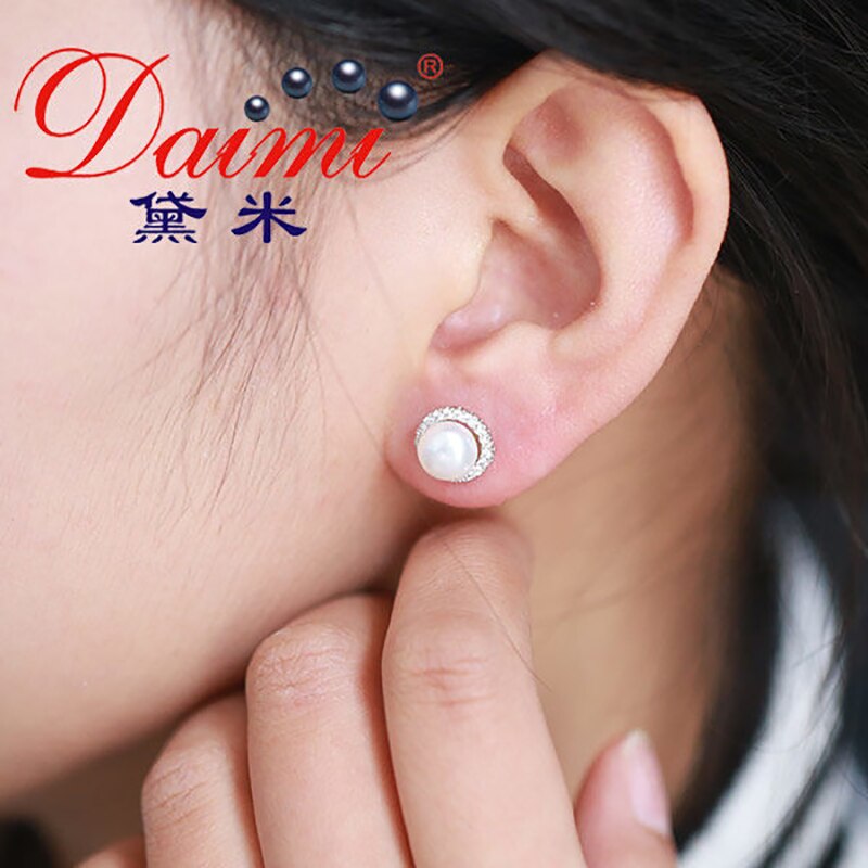 DMCEFP028 7-8MM Pearl Earrings Real 925 Sterling Silver Semi-Round Pearl Earrings For Women