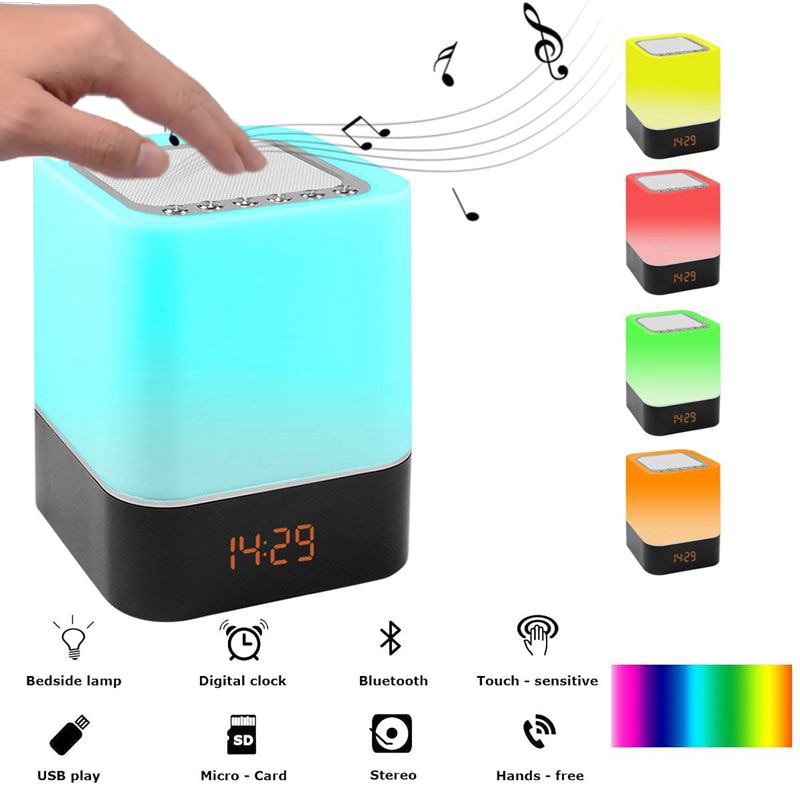 Touch-Control Bedlampje met Draadloze Bluetooth Speaker, Tafel Wekker Bluetooth met Veranderende Led Nachtlampje, radio M