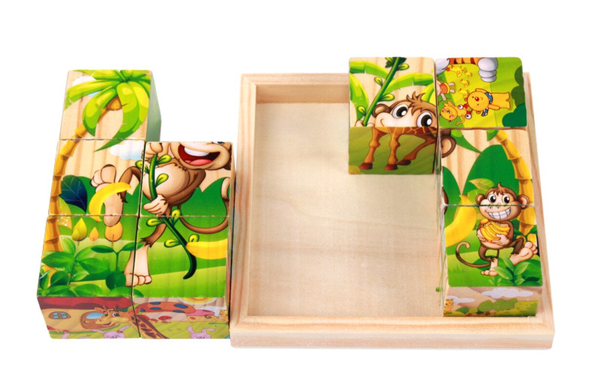 1PC Kinder Cartoon Holz Neun Blöcke Sechs-seitige Weisheit 3D Tier Würfel Puzzle Spielzeug für Kinder Bildungs baby Spielzeug