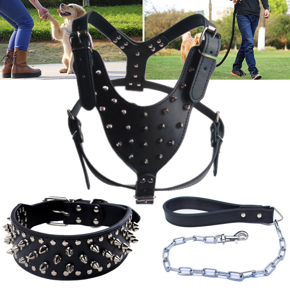 Borchie di Cuoio A Spillo Collare di Cane Harness Guinzaglio Set per Pitbull Mastiff Collare Dell'animale Domestico AUG889