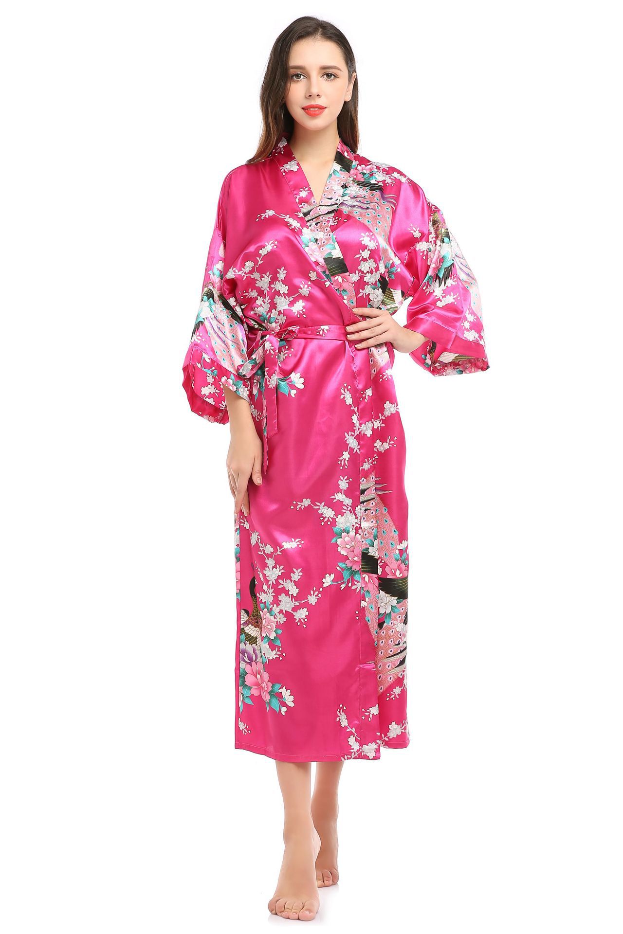 Peignoir kimono en satin pour femmes, vêtements de nuit longs, en élasthanne, motif imprimé paon floral, pour fête, mariage, demoiselle d'honneur: M / Black