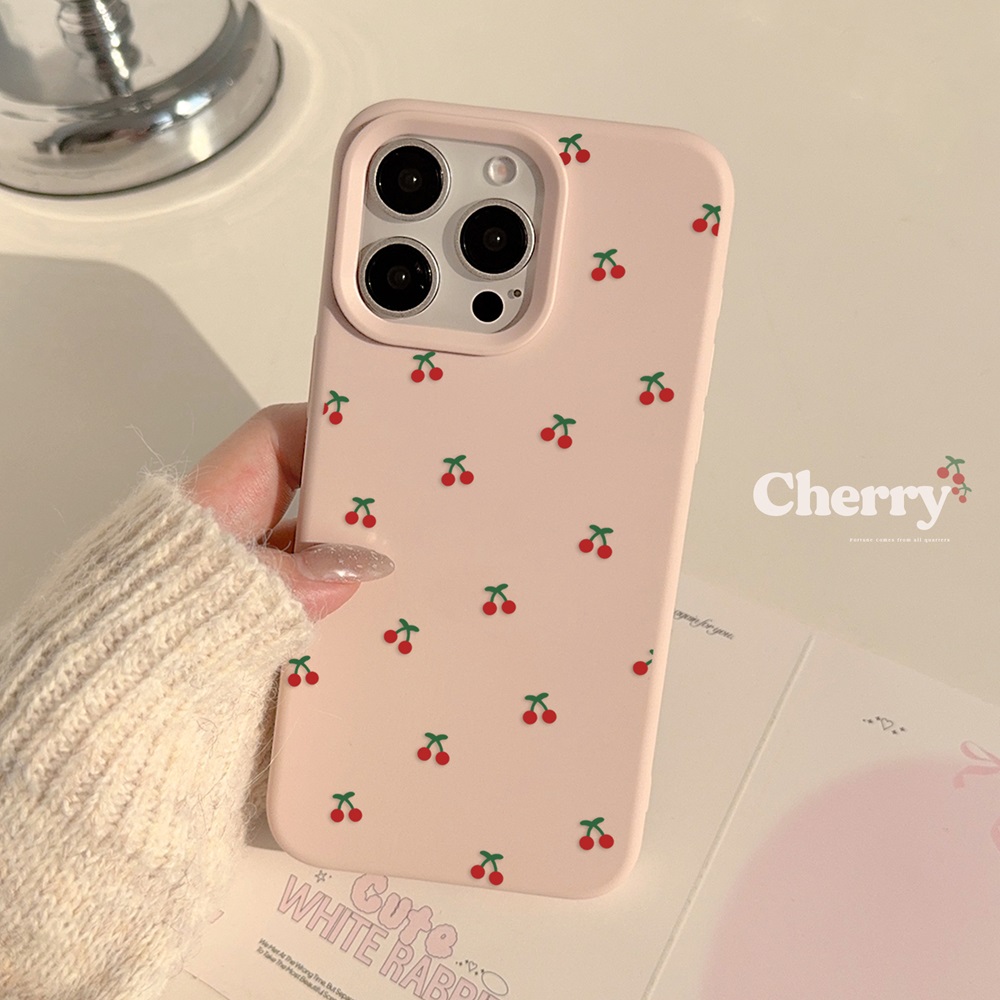 Cute Cartoon Cherry Pattern Phone Case For iPhone 16 15 14 13 12 11 Pro Max Plus Silicone Shockproof Cases Cover: Beige / For iPhone 14 Pro