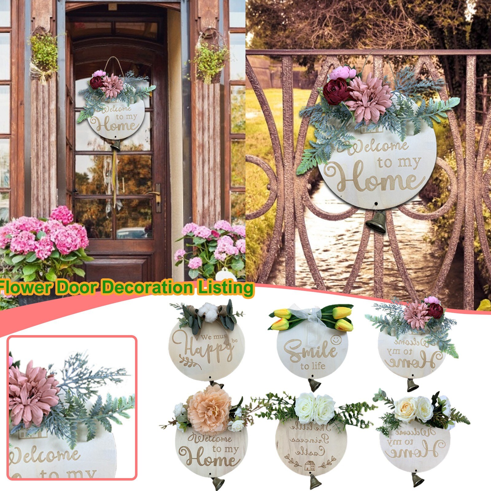 Garden Welcome Sign Wood Flower Wreath Spring Wedding Hanging Front Door Sign Welcome Wall Sign Home pendant Decoration