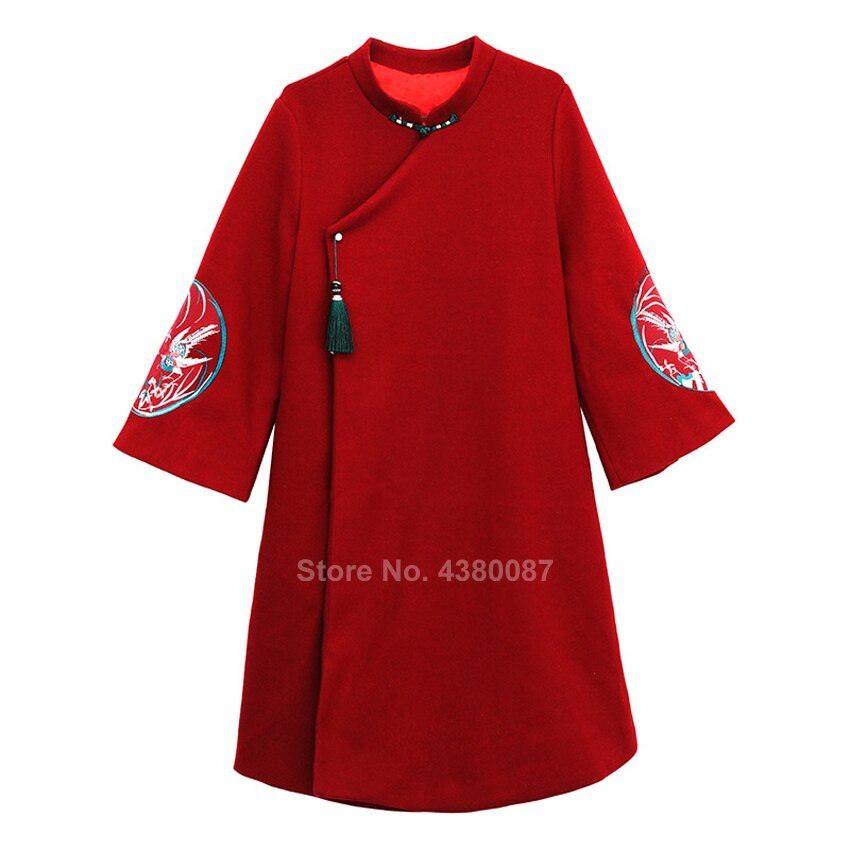 Women Winter Coat Traditional Chinese Clothing Winter Thick Cheongsam Dress Crane Embroidery Vintage Wool Qipao Year: 2XL