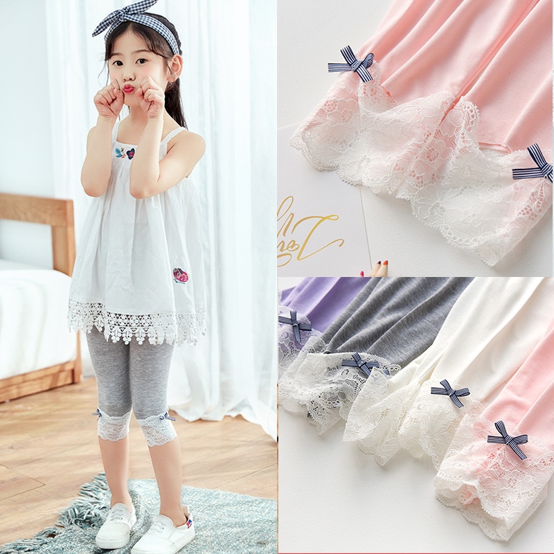Sommer baby leggings søt jente bukser blonder barn leggings fargerike jenter knopp silke bukser barn klær korte barn bukser