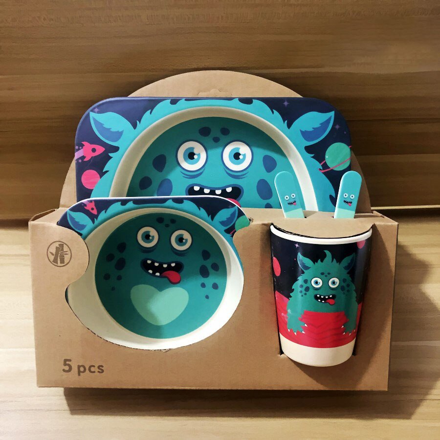 5pcs/set Baby Dish Tableware Children Cartoon Feeding Dishes Kids Natural Bamboo Fiber Dinnerware With Bowl Fork Cup Spoon Plate
