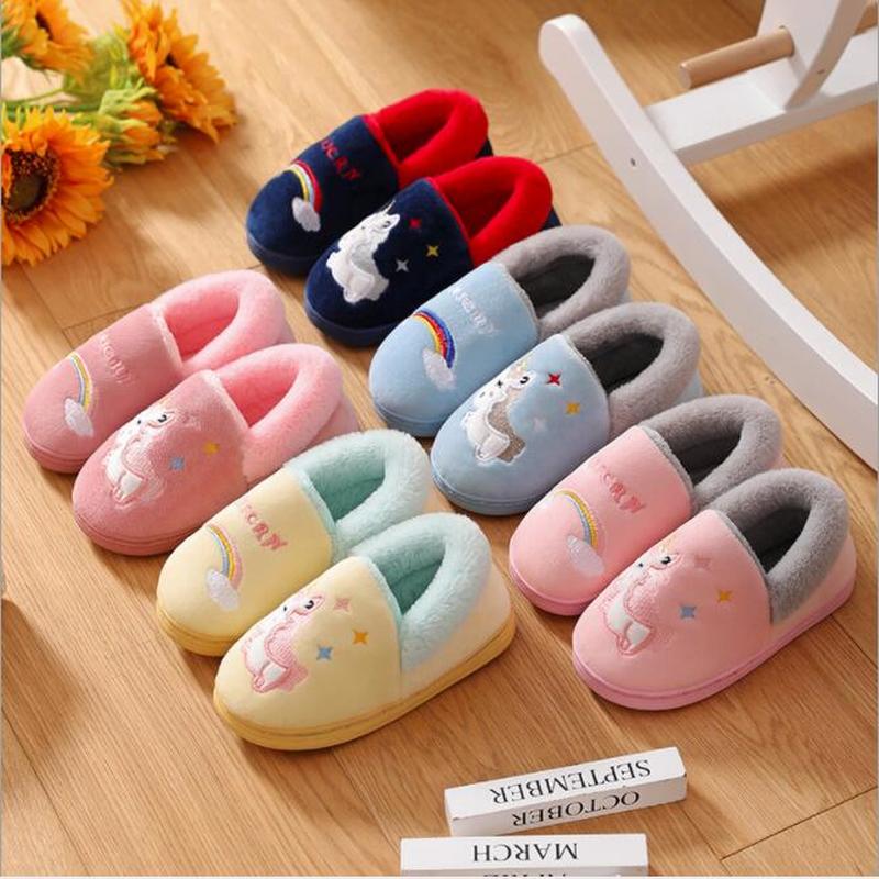 Eenhoorn Kids Slippers Voor Peuter Jongens Indoor Schoenen Baby Meisje Bont Slides Katoen Flip Flop Warme Winter Huis Kinderen Slipper