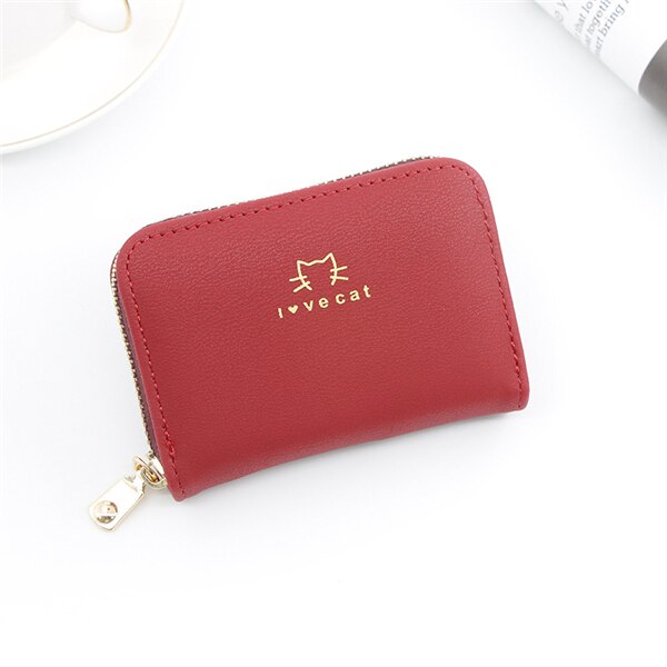 PURDORED 1 Pc Cat Card Holder PU Leather Small Zipper Mini Card Wallet Women Coin Purse Female Business Card Holder Billetera: red