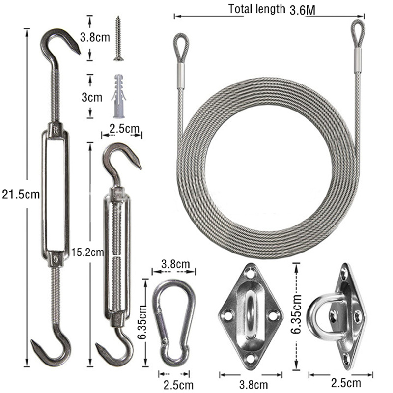 33/44Pcs Stainless Steel Wire Rope Kit Triangle Four-corner Sunshade Sail Canopy Installation Set Home Outdoor Supplies