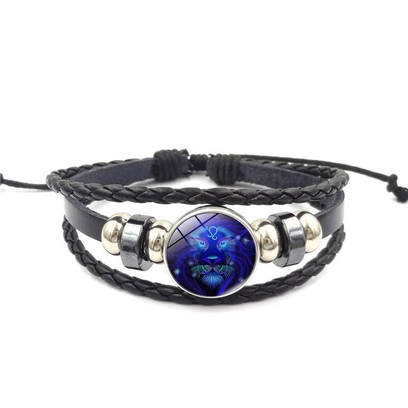 12 Constellation Zodiak Teken Blauw Glas Lederen Armband Ram Waterman Leeuw Maagd Geweven Glas Dome Sieraden Punk Mannen Armband: Leo