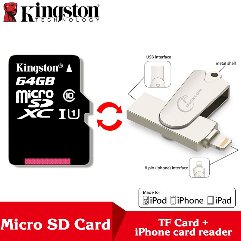 Kingston Microsd 8gb 16gb 32gb 64gb 128gb 256gb Memory Card Class 10 SDHC TF Card With Card Adapter/Reader for iphone&Laptop: TF64-R005-Reader