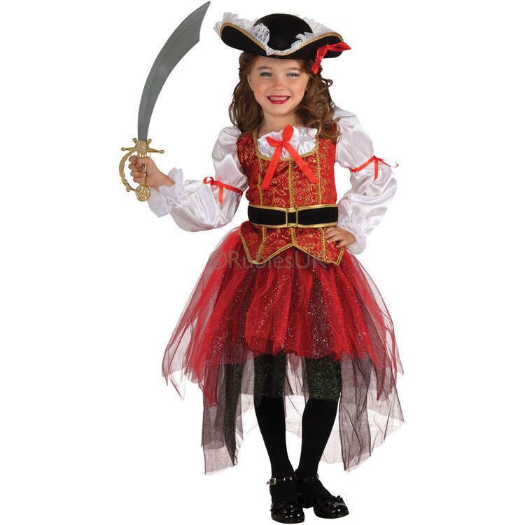 Kid&#39;s Caribbean Pirate Captain Cosplay Costumes Rayon Silk Red Top Skirt Hat Belt 4 Pcs Set Halloween Cosplay Costumes