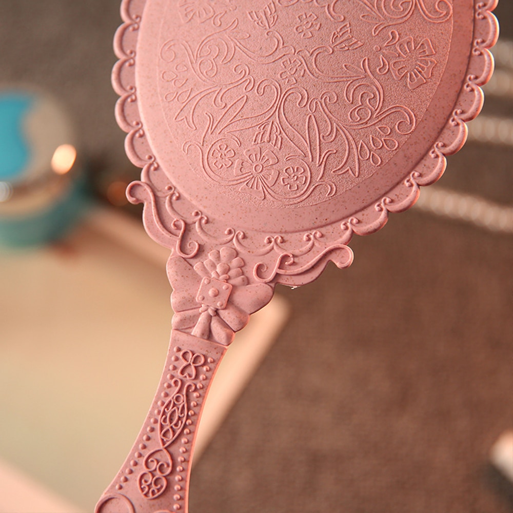 Bærbart vintage spejl håndholdt makeup spejl pink blomstret ovalt rundt kosmetisk håndholdt spejl med håndtag til rejser