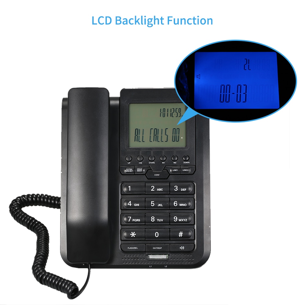 2-Line Digital Corded Telephone Desk Landline Phone with LCD Display Support 3-Way Conference Call/Redial/Auto-redial/Set Key