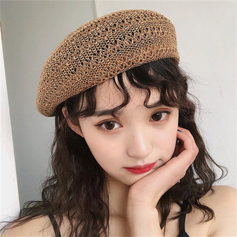 Foux Baret Stro Vrouwen Zomer Mesh Ademende Hoed Gebreide Koreaanse Stijl Franse Baret Dames Vrouwelijke Verstelbare Touw