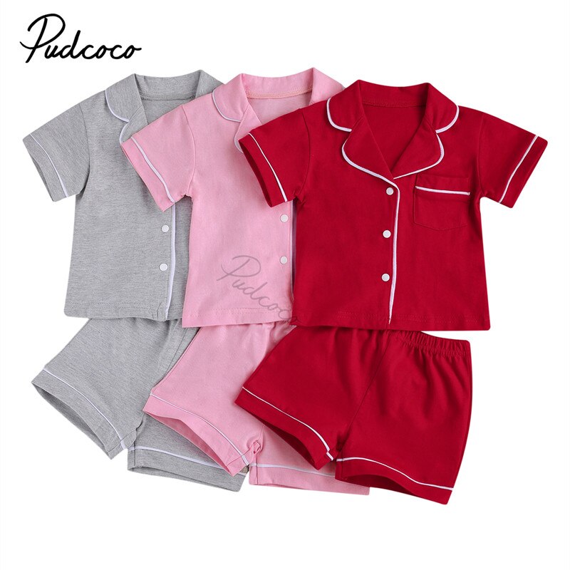 1-7Y Kleine Jongen En Meisje 2 Stuk Pyjama Pak, kinderen Effen Kleur Korte Mouw Knop Top, Korte Broek Past
