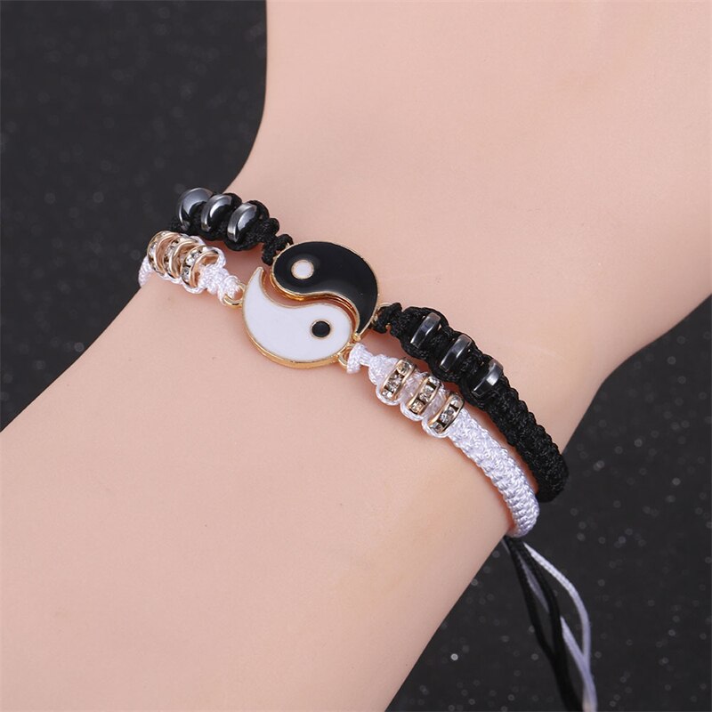 Tai Chi Yin Yang Couple Bracelet Alloy Pendant Adjustable Braided Chain Bracelet Necklace Matching Lover Bracelet Necklace