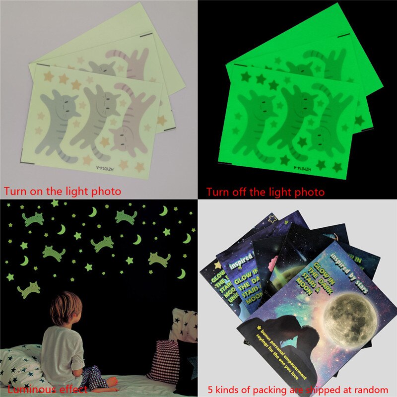 3Pcs/set Cat/Moon/Star DIY Luminous Stickers Cartoon Wall Stickers Kawaii Wallpaper Kids Room Glow-In-Dark Wall Decal Home Decor