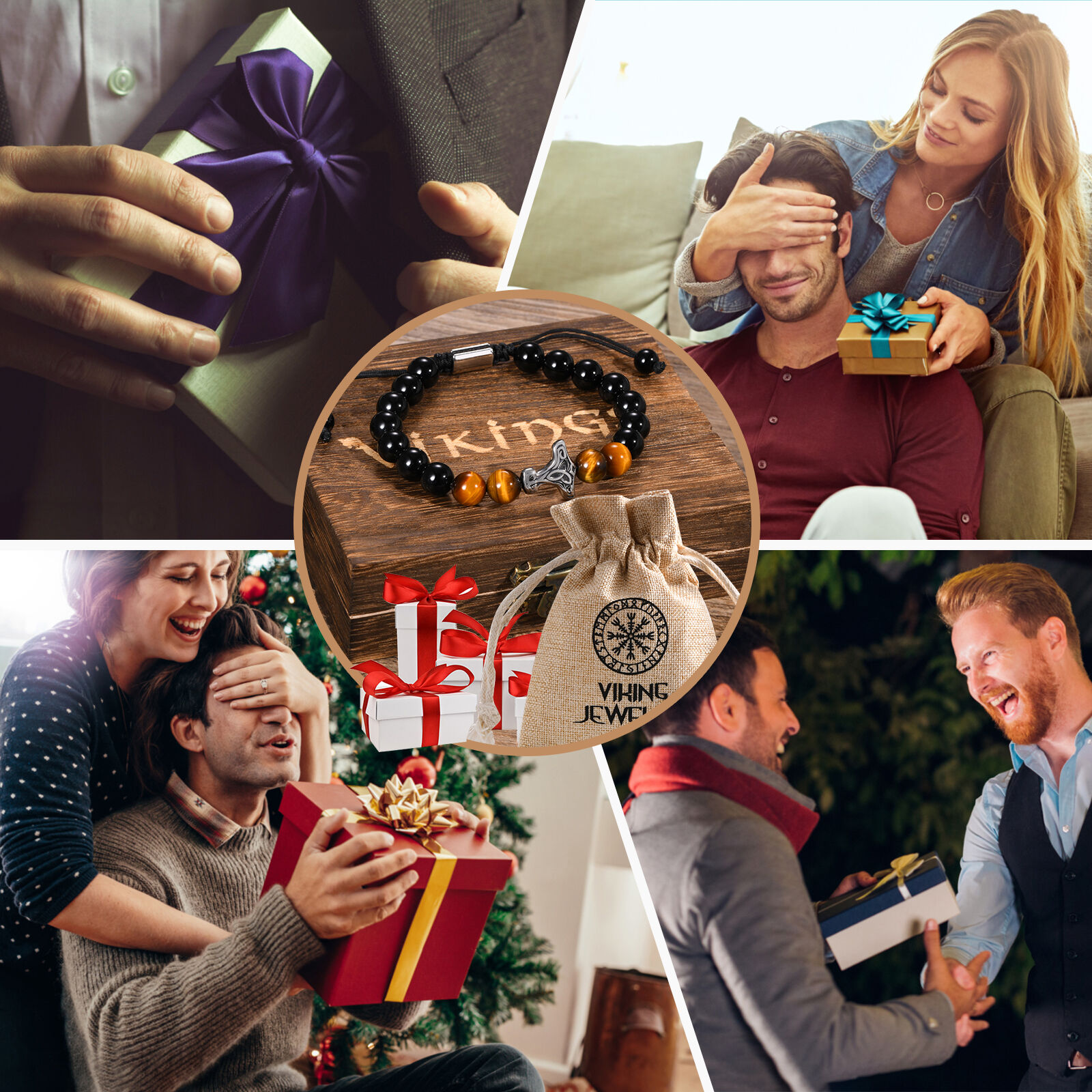 Mprainbow Mannen Viking Mjolnir Armbanden Verjaardagsfeestje Cadeau, Punk Thor 'S Hamer Tijgeroog Steen Kralen Polsband, Lengte Verstelbaar