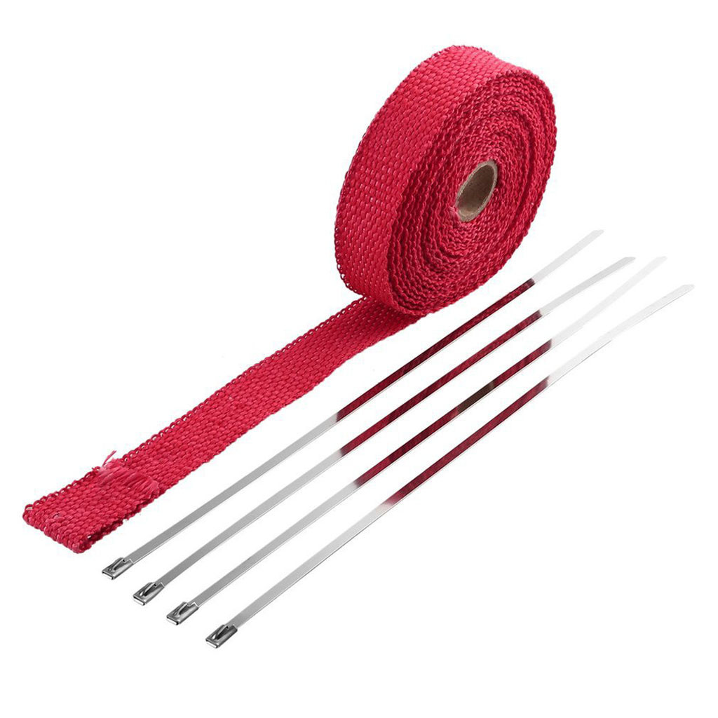 2.5CM 5M Roll Fiberglass Exhaust Header Pipe Heat Wrap Tape 4 Ties Kit Maintains temperature to 2000 degrees 6 color CB: Red