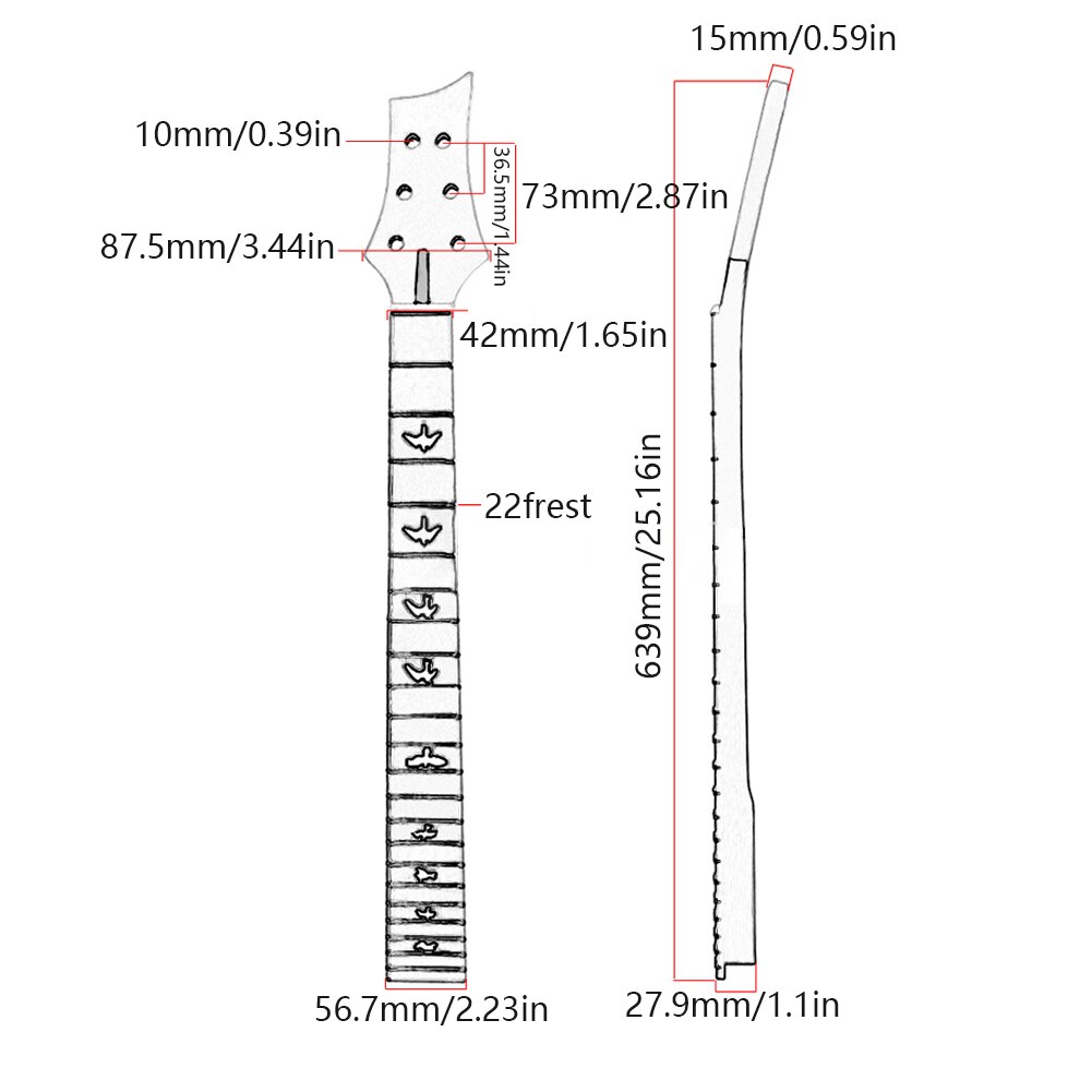 Universal Unfinished Electric Guitar Neck Maple Wood Neck Replacement 22 Frets Fingerboard With Black Birds Inlay Light Yellow
